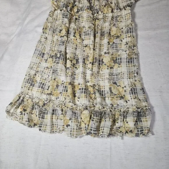 Mini Milkmaid Babydoll Puff Sleeve Dress M Sheer Lace Floral Plaid Twee Yellow - Picture 5 of 12